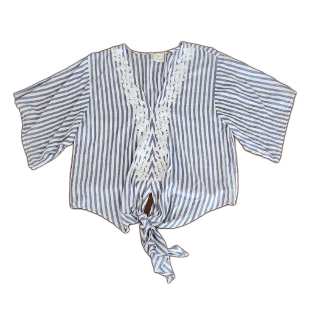 J. Marie Striped Floral Embroidered Tie Waist Short Sleeve Blouse, Blue/White, S
